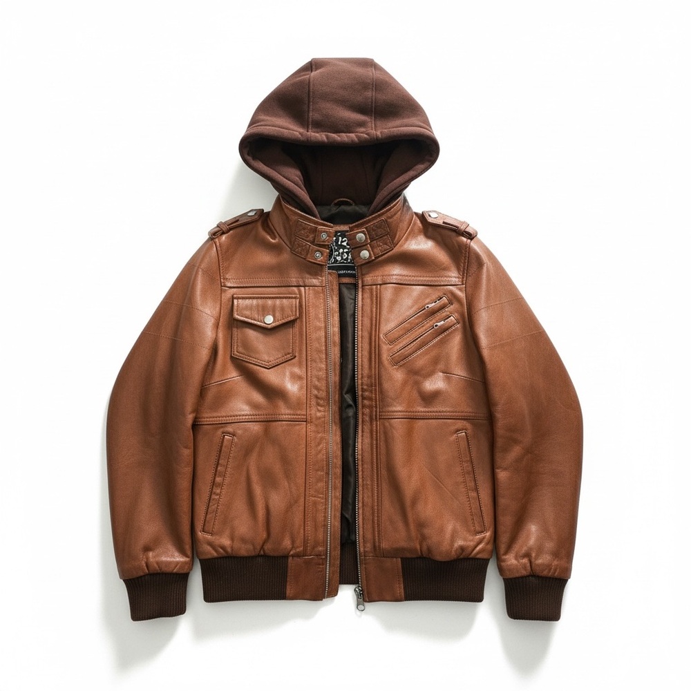 New without tag Genuine Leather Bomber Jacket with detachable Hood